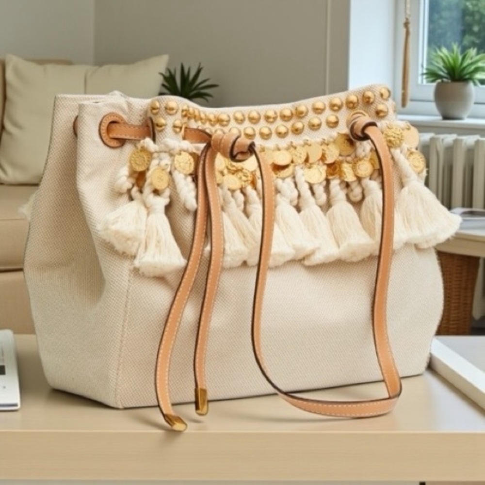 Tory Burch Caroline Embellished Tote – Canvas & Leather Boho Shoulder Bag